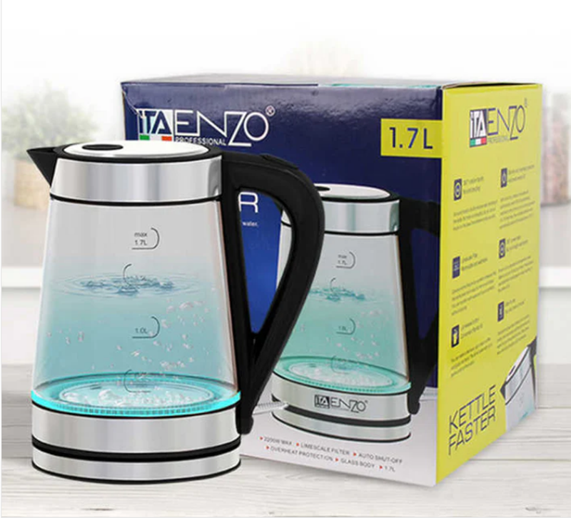 ENZO ITA-50002 Glass Stainless Steel Blue 1.7L LED Electric Kettle