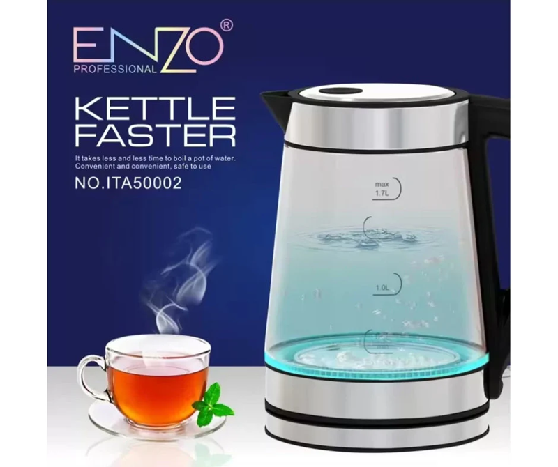 ENZO ITA-50002 Glass Stainless Steel Blue 1.7L LED Electric Kettle