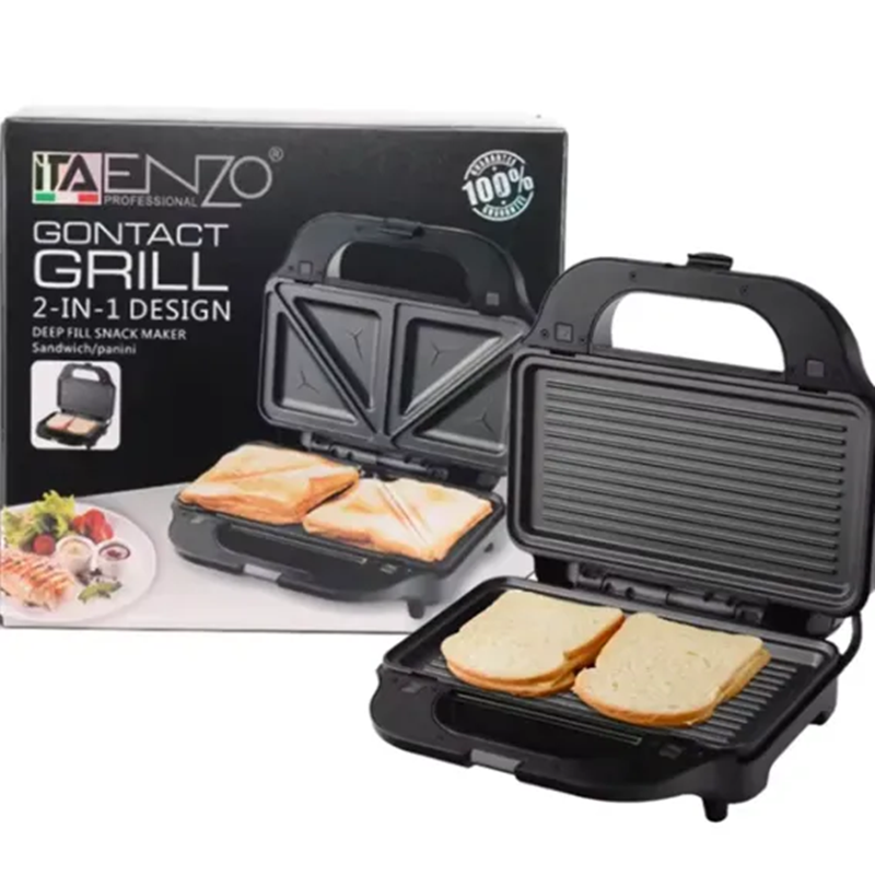 ENZO ITA-50035 2-in-1 Breakfast Sandwich Panini Waffle Electric Grill, Non-stick Coated Bread Maker, Household Smokeless Stainless Steel Grill.