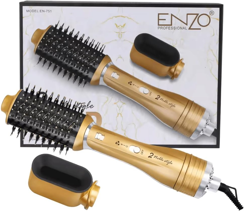 ENZO EN-751 2-in-1 Interchangeable Hair Dryer Styling Brush – Multi-functional hot air brush with detachable brush heads and negative ion technology.