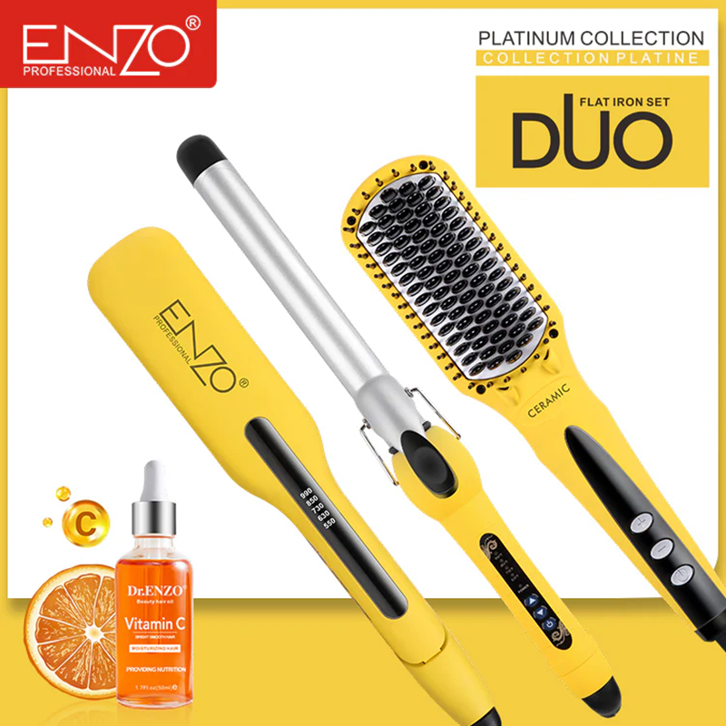 ENZO EN-3955W 3-in-1 Platinum Series Hair Styling Set – Hot Air Comb, Straightener, and Curling Iron