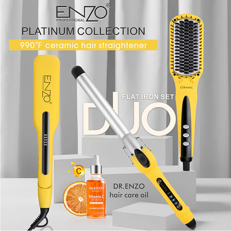 ENZO EN-3955W 3-in-1 Platinum Series Hair Styling Set – Hot Air Comb, Straightener, and Curling Iron