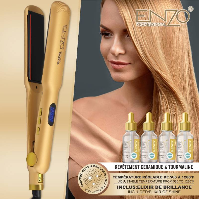 Enzo EN-3982 Professional Gold Hair Straightener: Luxurious design, ceramic coating, the ideal choice for professional hairstylists.