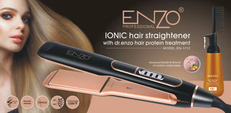 ENZO EN-3112 1280°F Ceramic Panel Hair Straightener, suitable for keratin and protein care.