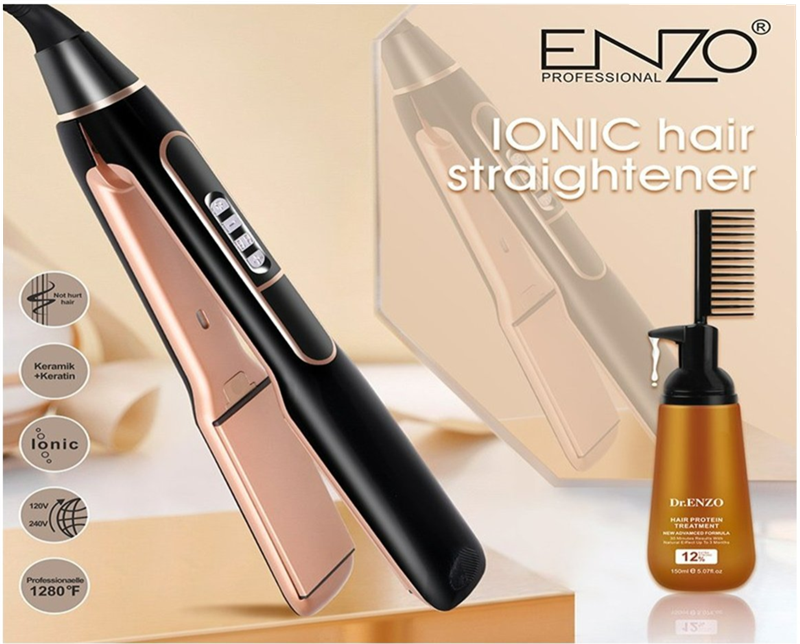 ENZO EN-3112 1280°F Ceramic Panel Hair Straightener, suitable for keratin and protein care.
