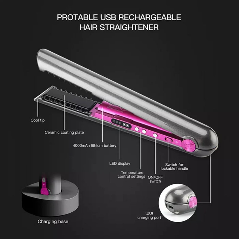 TA-2888, 4800mAh Wireless 2-in-1 Hair Straightener/Curler - Portable, USB Rechargeable, Wet and Dry Use