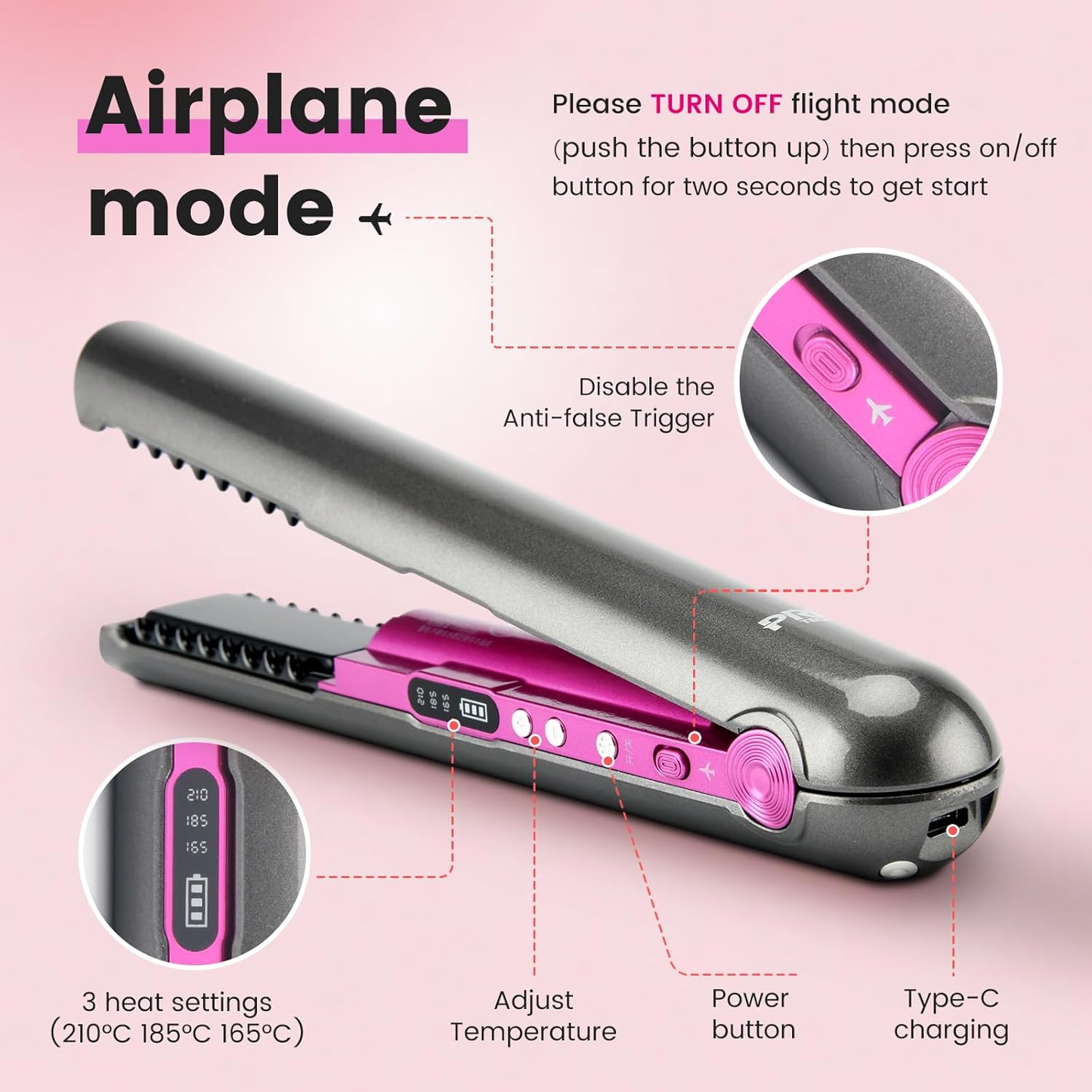 TA-2888, 4800mAh Wireless 2-in-1 Hair Straightener/Curler - Portable, USB Rechargeable, Wet and Dry Use