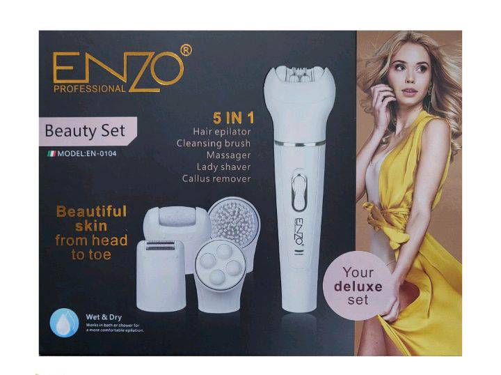 Enzo EN-0104, 5-in-1 Electric Facial Cleansing Brush, Sonic Vibration Exfoliator, Hair Removal Device, Facial Massager