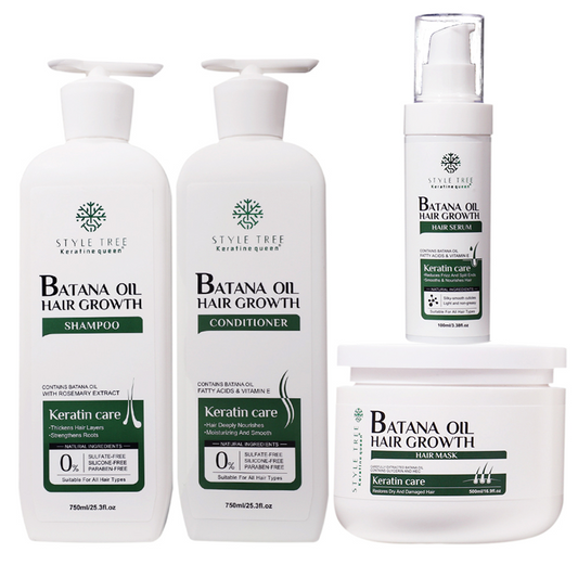 Keratin anti-hair loss shampoo set, containing batana oil to promote hair growth.
