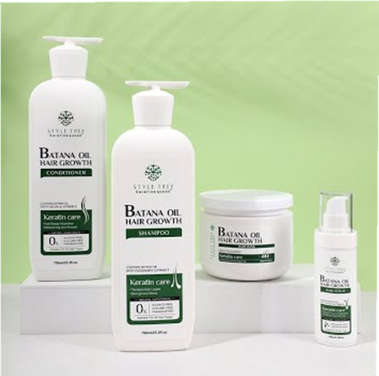 Keratin anti-hair loss shampoo set, containing batana oil to promote hair growth.
