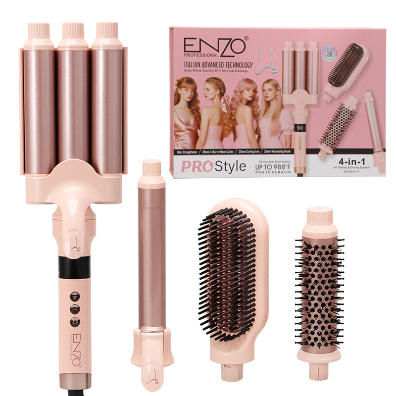 ENZO EN-9111 Professional Hair Straightener, 4-in-1 Straightening Comb, Curling Iron, Triple Rotation, Three-Barrel Curling Iron