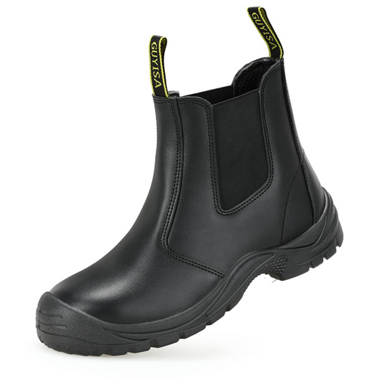 GUYISA slip-on steel toe safety boots, black leather Chelsea style work boots