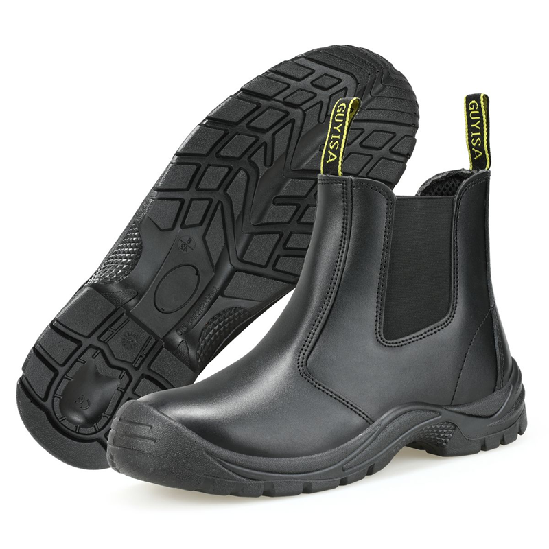 GUYISA slip-on steel toe safety boots, black leather Chelsea style work boots