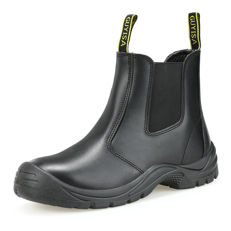 GUYISA slip-on steel toe safety boots, black leather Chelsea style work boots