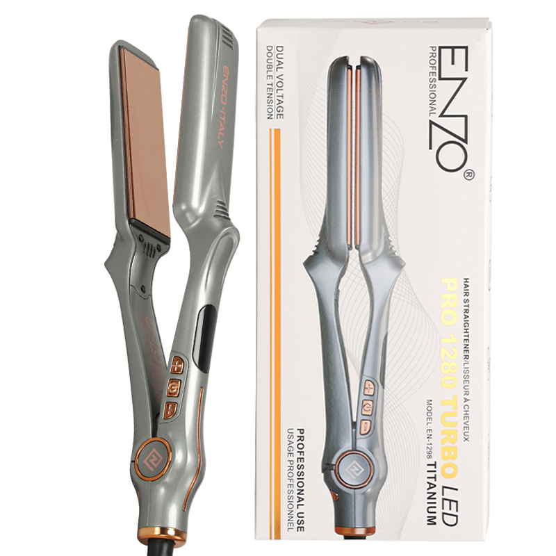 ENZO EN-1298, professional dual-voltage hair straightener, wide and flat design, adjustable temperature.
