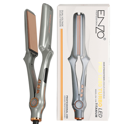 ENZO EN-1298, professional dual-voltage hair straightener, wide and flat design, adjustable temperature.