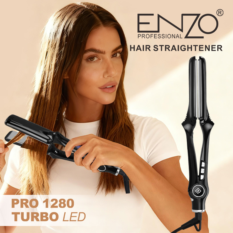 ENZO EN-1298, professional dual-voltage hair straightener, wide and flat design, adjustable temperature.