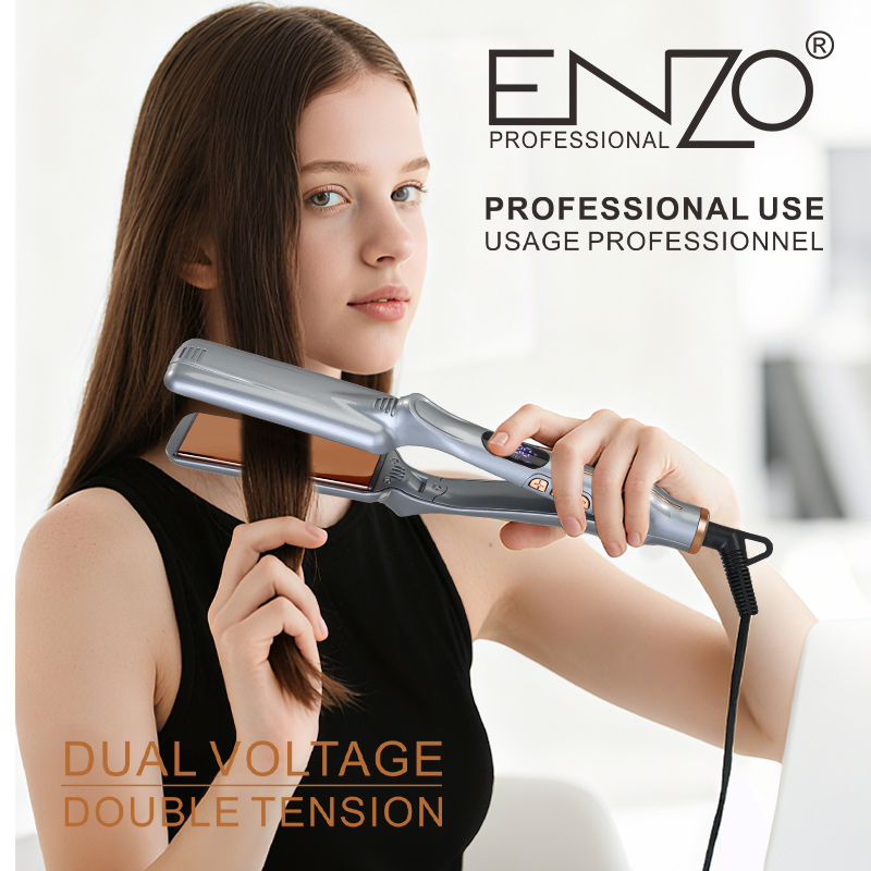 ENZO EN-1298, professional dual-voltage hair straightener, wide and flat design, adjustable temperature.