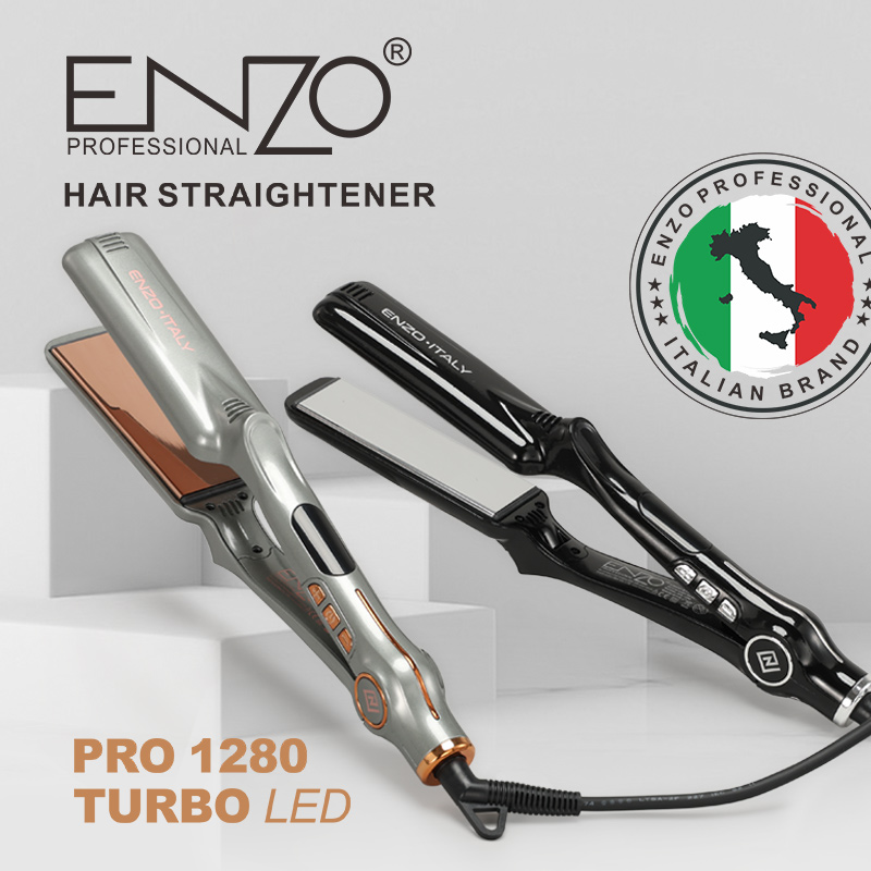 ENZO EN-1298, professional dual-voltage hair straightener, wide and flat design, adjustable temperature.
