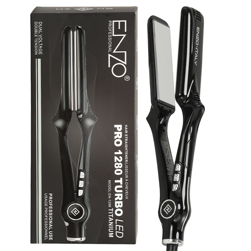 ENZO EN-1298, professional dual-voltage hair straightener, wide and flat design, adjustable temperature.