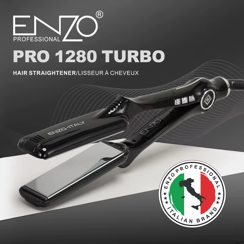 ENZO EN-1298, professional dual-voltage hair straightener, wide and flat design, adjustable temperature.