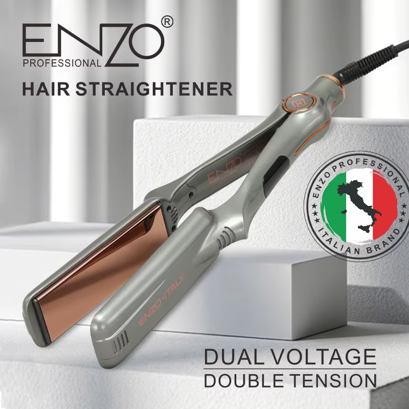 ENZO EN-1298, professional dual-voltage hair straightener, wide and flat design, adjustable temperature.