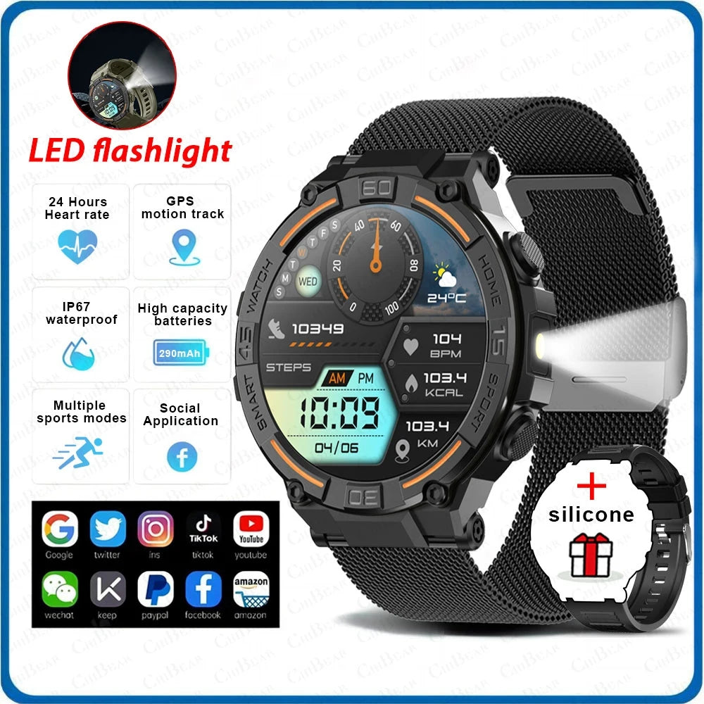 TOXIYA Outdoor Military Rugged Smartwatch Men GPS Sports Fitness Waterproof Watch Bluetooth Call with LED Lights