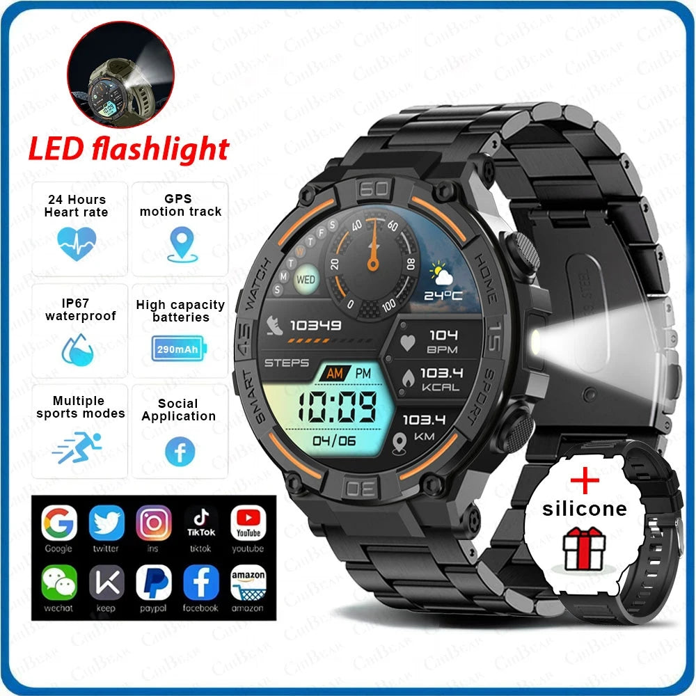 TOXIYA Outdoor Military Rugged Smartwatch Men GPS Sports Fitness Waterproof Watch Bluetooth Call with LED Lights