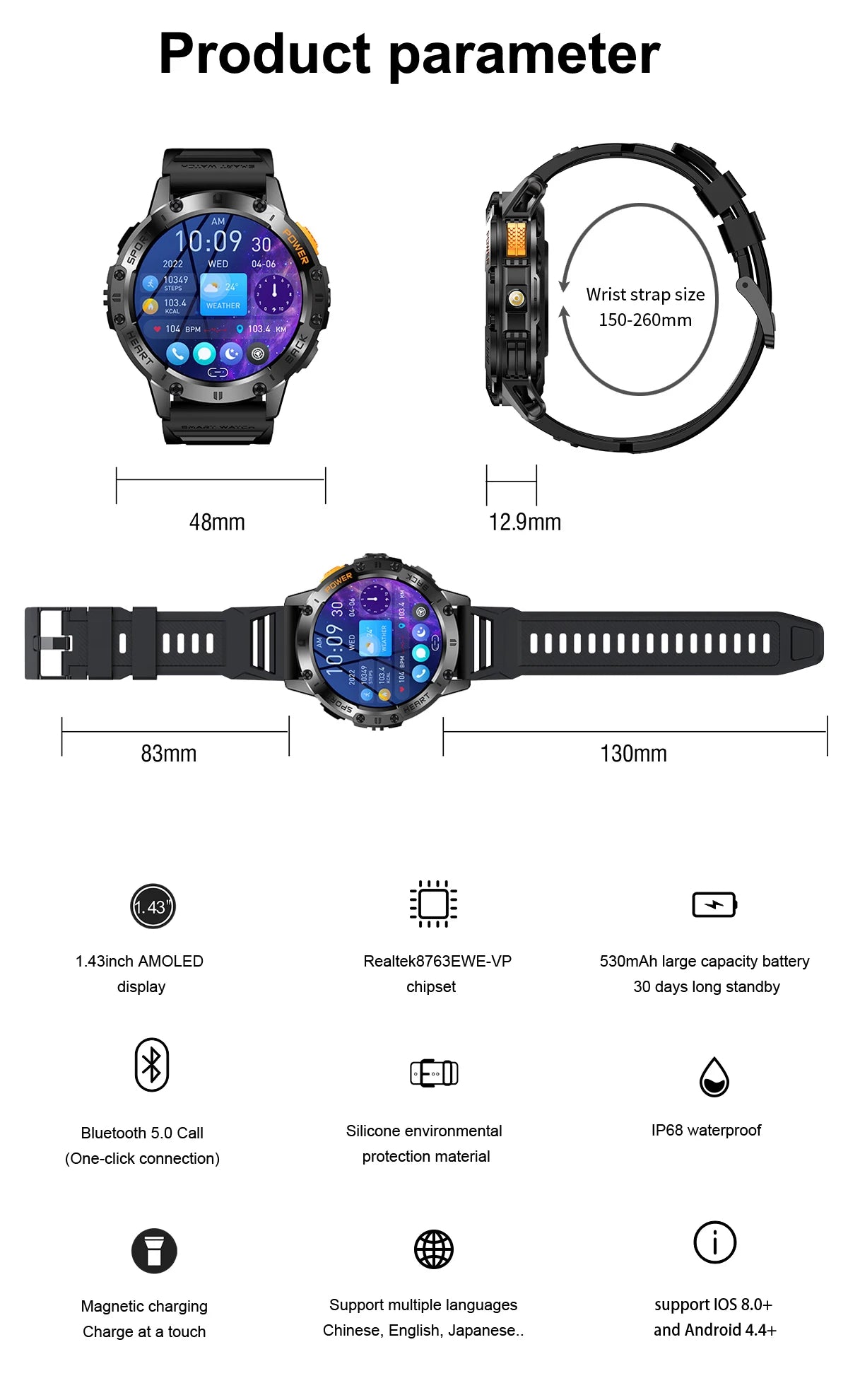 TOXIYA Military 1.43 inch Smart Watch (Answer/Dial Calls)100+Sports Modes,5ATM Waterproof Fitness Watch with Flashlight,Heart Rate,SpO2,Blood Pressure for Android/iOS